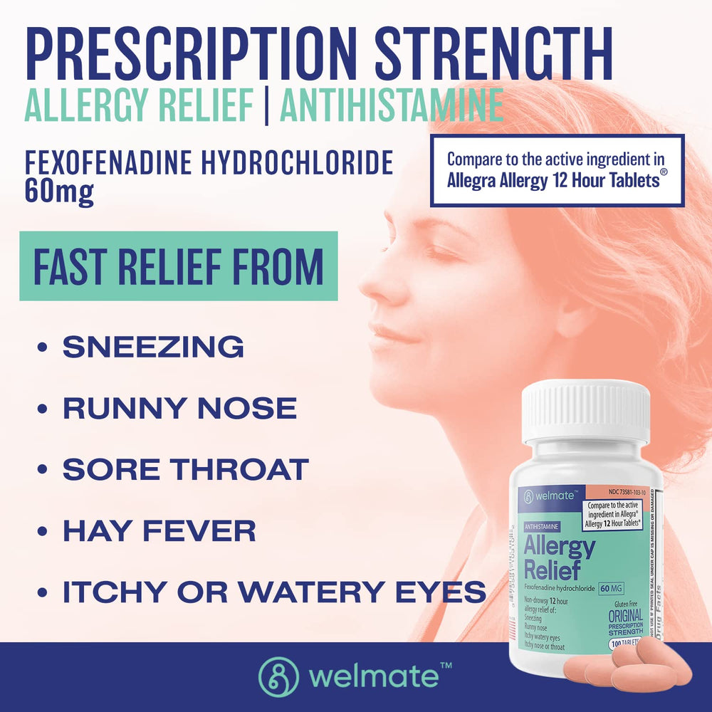WELMATE allergy-relief packaging highlights fast-acting, 12-hour support.