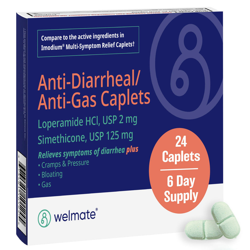 WELMATE anti-diarrheal caplets bottle may ease diarrhea and gas symptoms.
