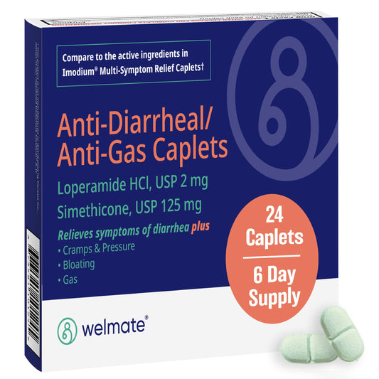 WELMATE anti-diarrheal caplets bottle may ease diarrhea and gas symptoms.