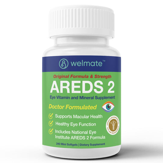 WELMATE AREDS 2 bottle label showing 120 servings and 240 mini softgels.