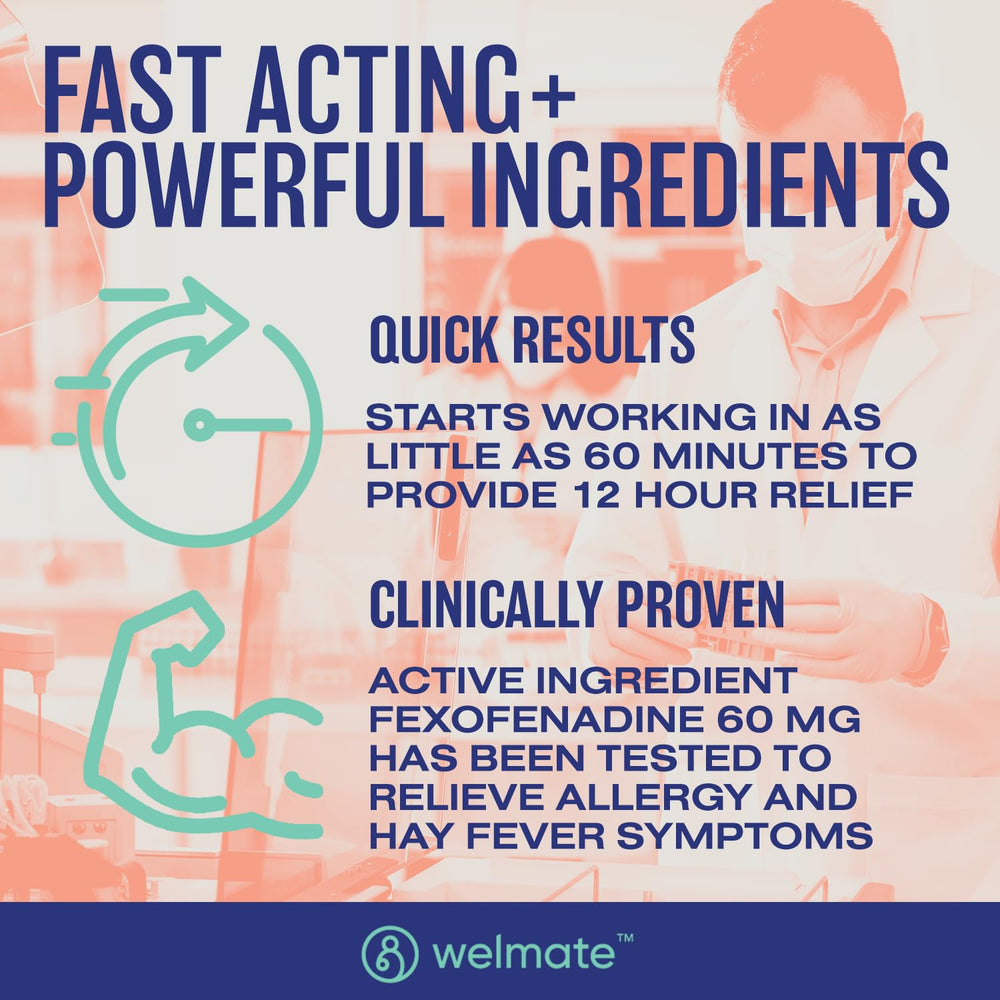 WELMATE bottle pour demonstrates easy dosing for 12-hour allergy support.