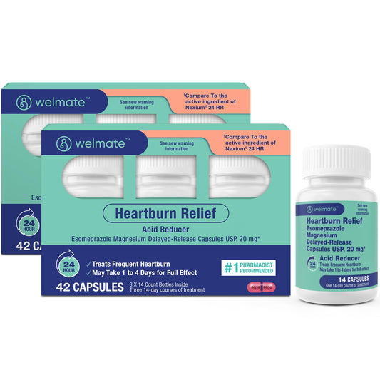 WELMATE Esomeprazole 20 mg bottle-front view for all-day heartburn relief potential.