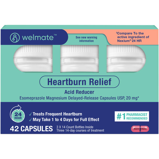 Welmate Esomeprazole 20mg capsules for 24-hour heartburn protection.