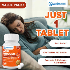 WELMATE famotidine packaging highlights value size of 300 tablets.