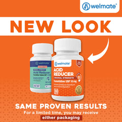 WELMATE famotidine tablets shown for easy daily acid indigestion relief.