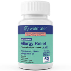 WELMATE Fexofenadine 60mg tablet bottle showing non-drowsy allergy relief potential