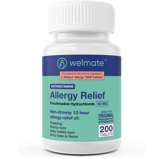WELMATE Fexofenadine 60mg tablets bottle with 200-count pack for allergy relief.