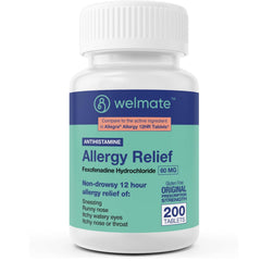 WELMATE Fexofenadine 60mg tablets bottle with 200-count pack for allergy relief.
