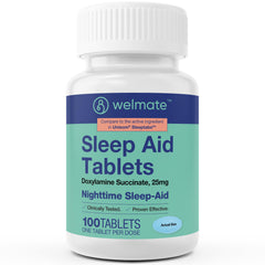WELMATE nighttime sleep aid tablets bottle closeup for faster, calmer sleep.