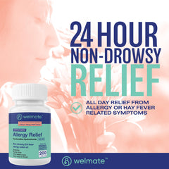 WELMATE non-drowsy antihistamine label highlighting 24-hour allergy relief.