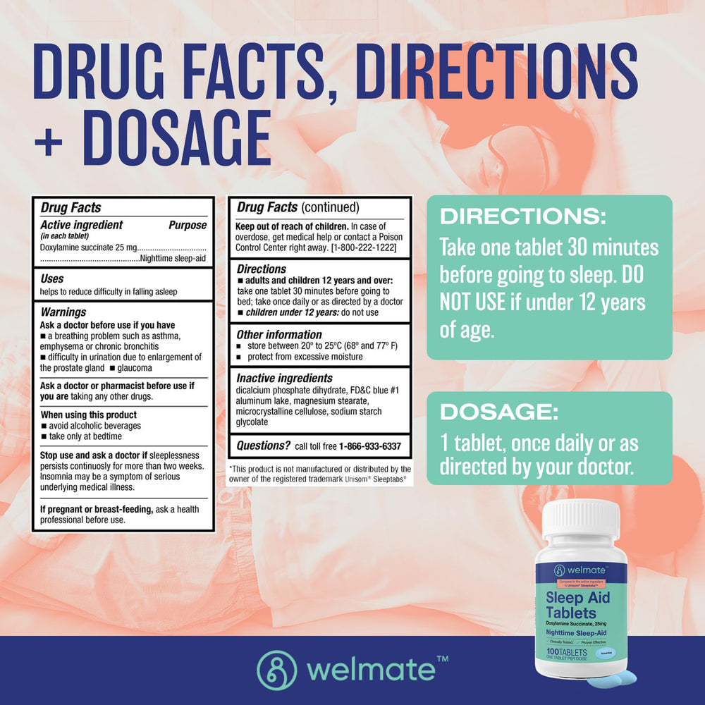 WELMATE sleep aid tablet on hand shows dosage for smoother bedtimes.