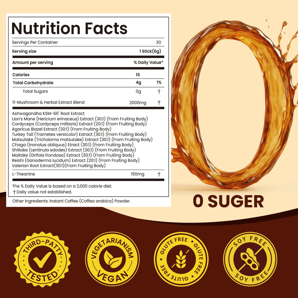 Close-up of 11 in 1 adaptogenic mushroom coffee with Ashwagandha KSM-66