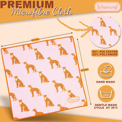 Flat lay of Weserwef Leo Pink microfiber cleaning cloth 12x12