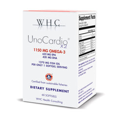 WHC UnoCardio X2 bottle with softgels for daily omega-3 support