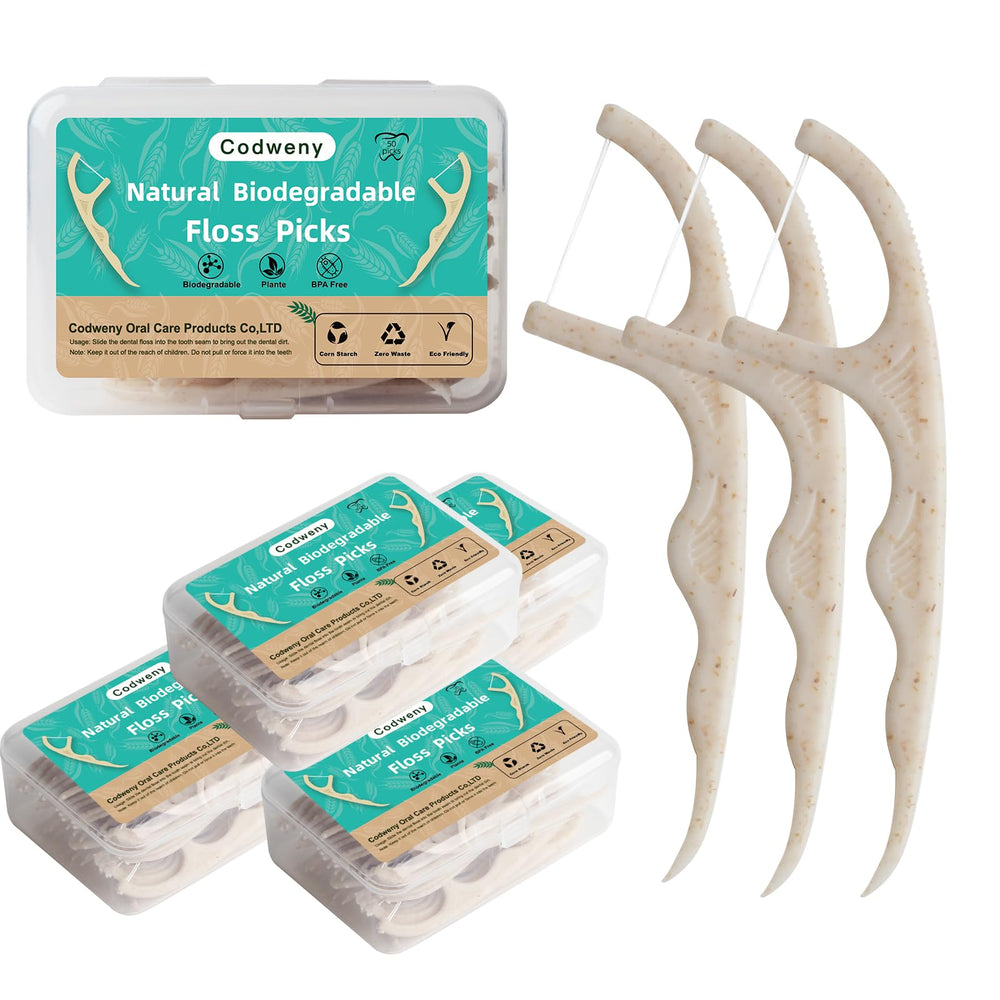 Wheat straw biodegradable dental floss picks with natural handles