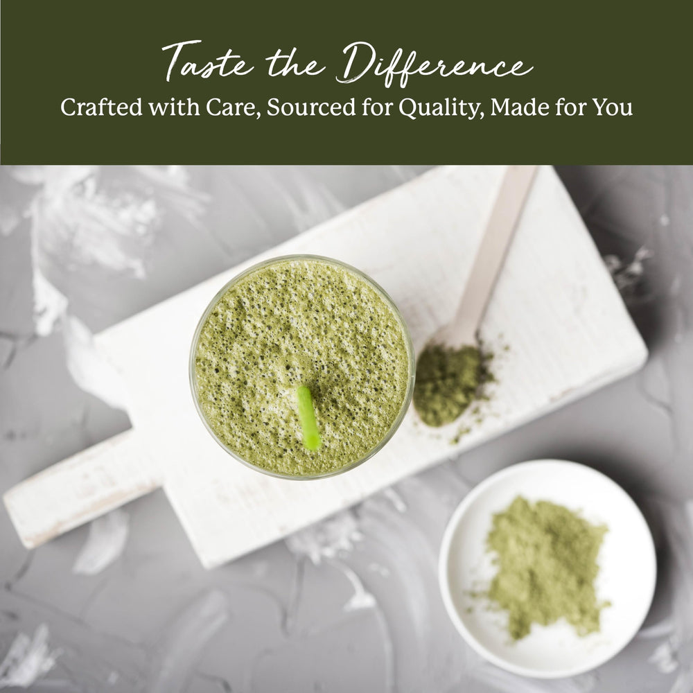 Wheatgrass powder being mixed into juice, tea, or water