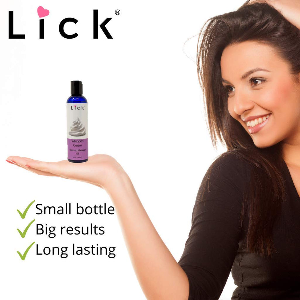 Lid and bottle of LICK edible body oil for adults in 4 oz size