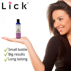 Lid and bottle of LICK edible body oil for adults in 4 oz size