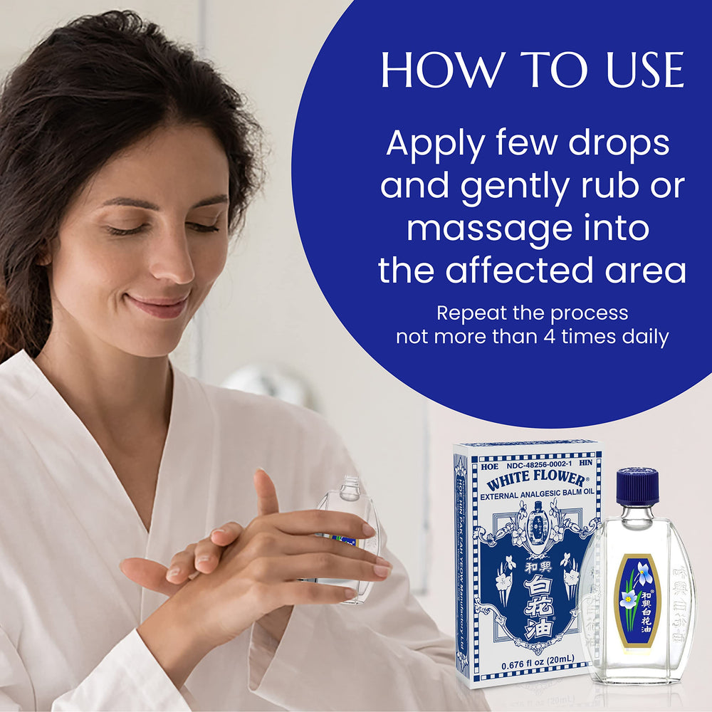 Flat lay of White Flower external analgesic oil