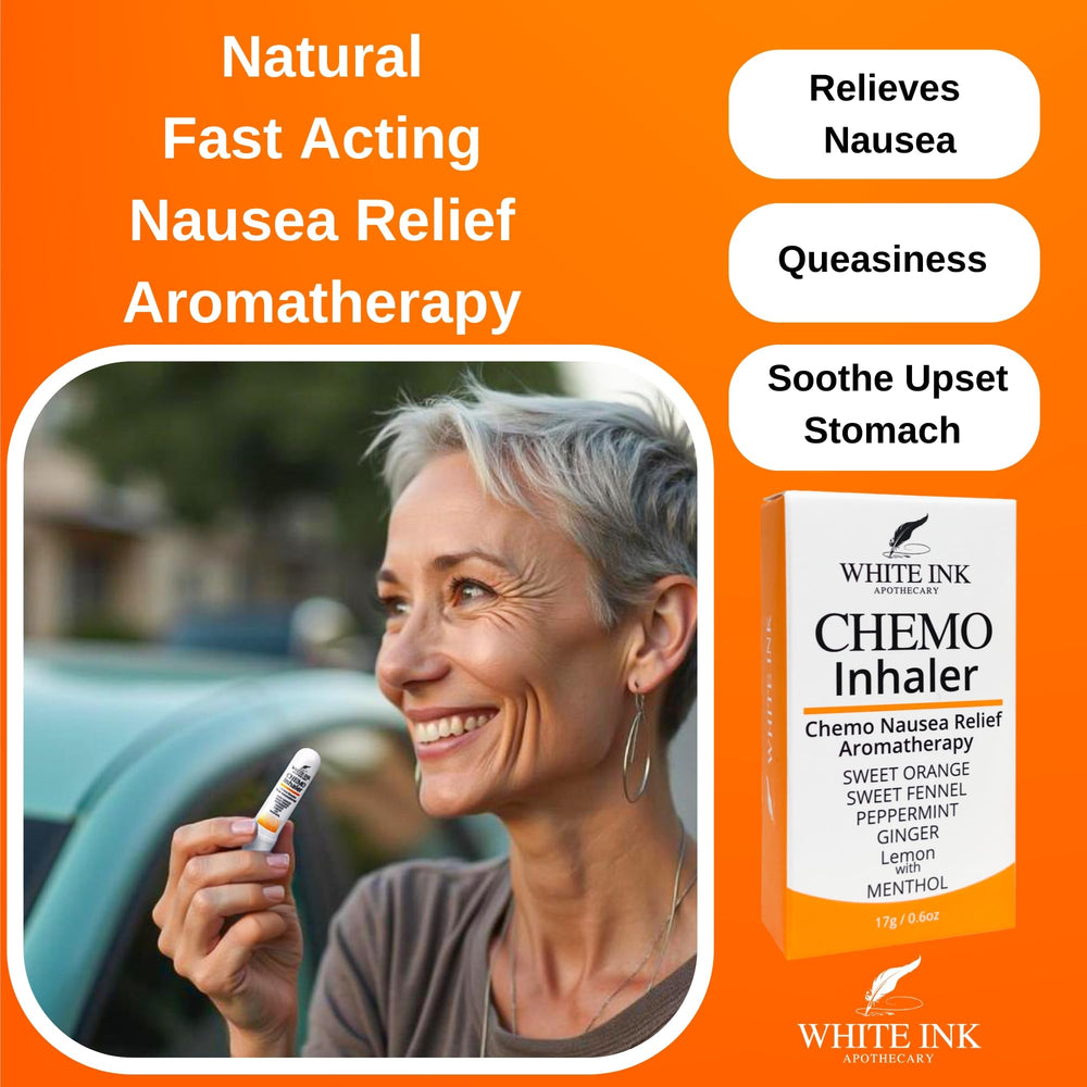 White Ink Apothecary nasal inhaler closeup for fast nausea support on the go.