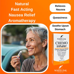 White Ink Apothecary nasal inhaler closeup for fast nausea support on the go.