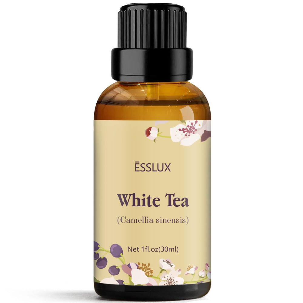 30 ml amber glass bottle of White Tea Essential Oil with dropper