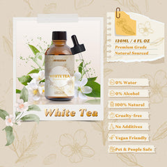 Close-up of White Tea essential oil bottle