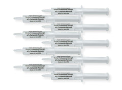 White Teeth Global 44% carbamide peroxide teeth whitening gel kit with 10 syringes, 2 trays, and a shade guide.