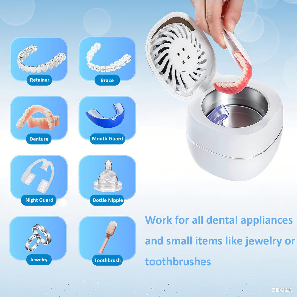 Cleaner suitable for retainers, dentures, aligners, mouth guards, jewelry with 24-month warranty