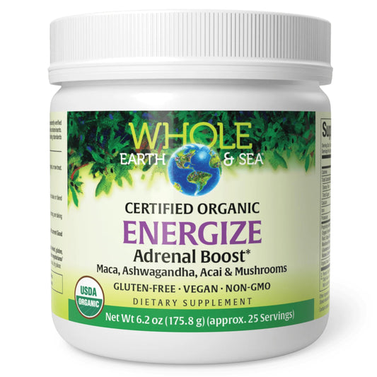 Front view of Whole Earth & Sea Energize Adrenal Boost powder container