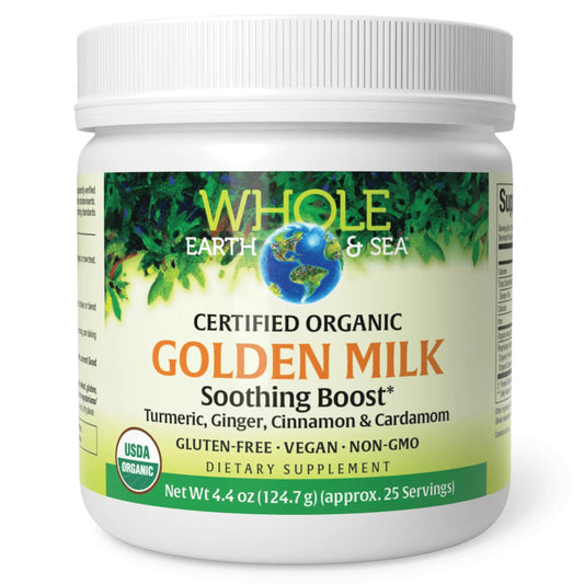 Product image: Whole Earth & Sea Golden Milk Soothing Boost powder with turmeric and ginger