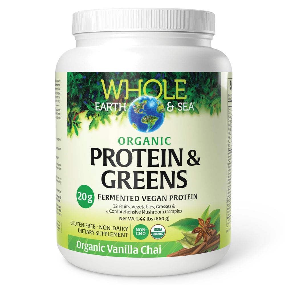 Product shot of Whole Earth & Sea Vanilla Chai protein powder in tub