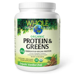 Product shot of Whole Earth & Sea Vanilla Chai protein powder in tub