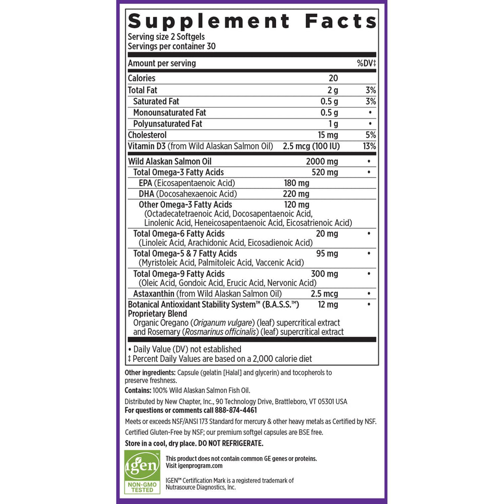 Close-up of Wholemega bottle highlighting 2000 mg per serving and 2 softgels