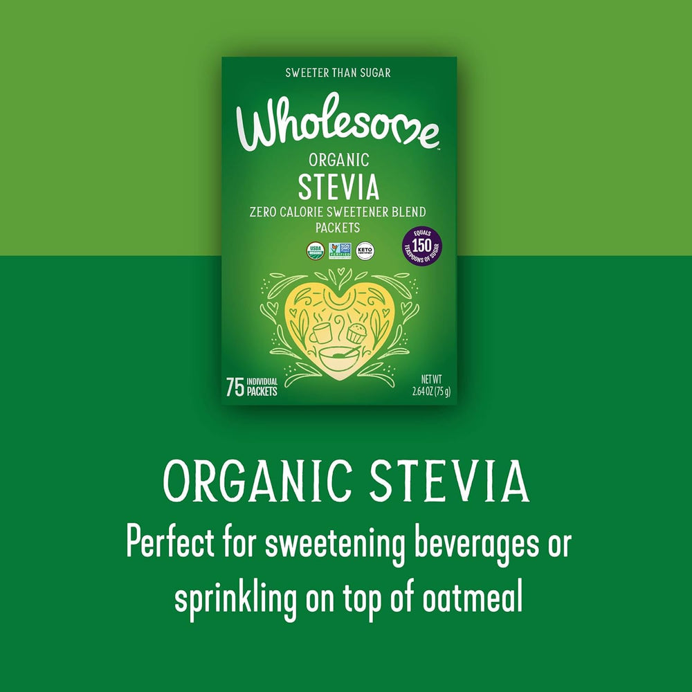Wholesome Organic Stevia packaging with 75 packets display