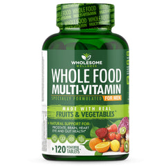 Wholesome Wellness multivitamin for men, bottle and tablets for daily energy support.