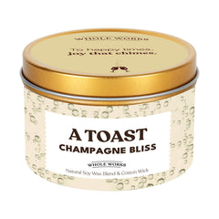 Whole Works Champagne Toast Candle label-closeup confirms lead-free, phthalate-free safety for homes.