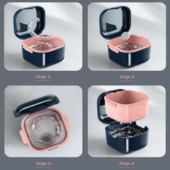 Denture cup placed in a travel bag for portability