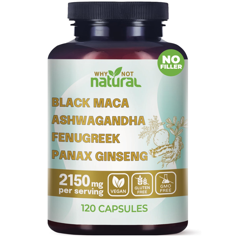 Why Not Natural 4-in-1 organic capsules bottle with maca, ashwagandha, fenugreek and ginseng