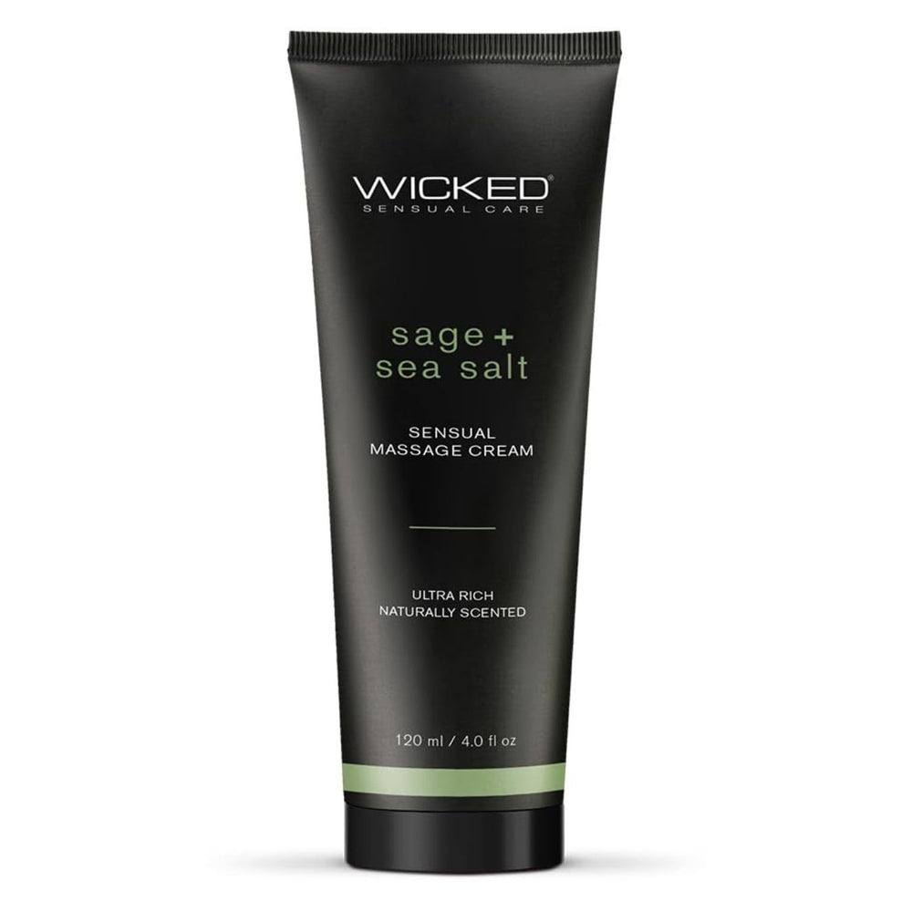 Wicked Sage Sea Salt Massage Cream 4oz bottle and packaging on spa surface
