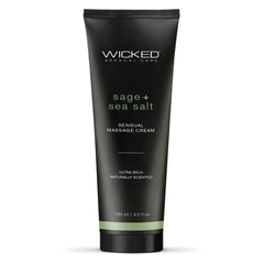 Wicked Sage Sea Salt Massage Cream 4oz bottle and packaging on spa surface