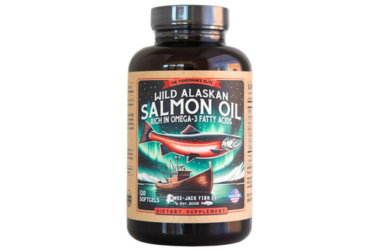 Bottle of Wild Alaskan Salmon Oil Omega-3 supplement with 120 softgels