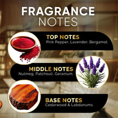 Artful illustration of fragrance notes: pink pepper, lavender, bergamot