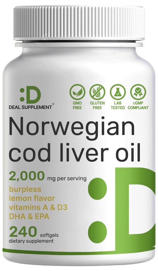 Wild-caught Norwegian cod liver oil bottle with 240 softgels