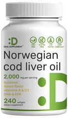 Wild-caught Norwegian cod liver oil bottle with 240 softgels
