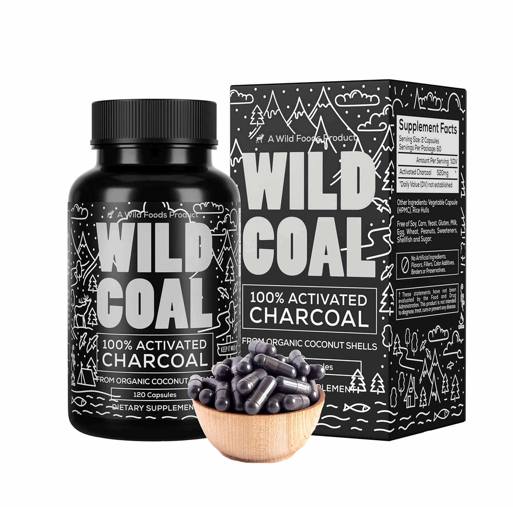 Wild Foods Activated Charcoal Capsules bottle containing 120 capsules