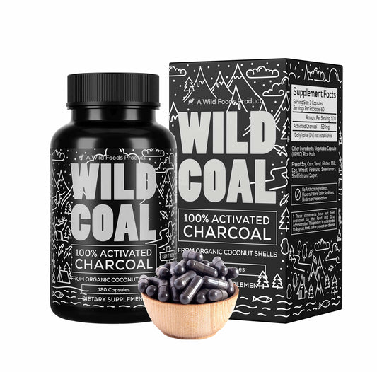Wild Foods Activated Charcoal Capsules bottle containing 120 capsules