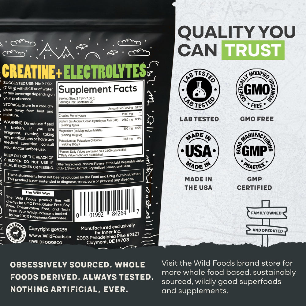 Product label for Wild Foods Creatine + Electrolytes Lemon Lime, 8 oz