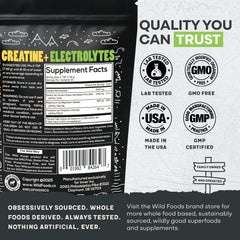Product label for Wild Foods Creatine + Electrolytes Lemon Lime, 8 oz