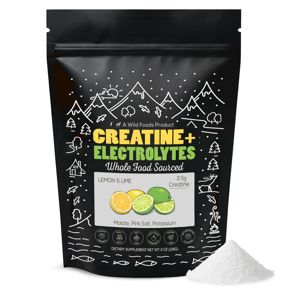 Front view of Wild Foods Creatine + Electrolytes Lemon Lime powder, 8 oz